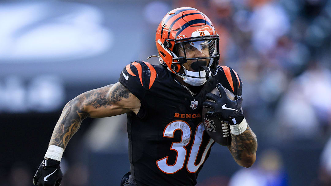 Nov 3, 2024; Cincinnati, Ohio, USA; Cincinnati Bengals running back Chase Brown (30) runs with the ball against the Las Vegas Raiders in the second half at Paycor Stadium. Mandatory Credit: Katie Stratman-Imagn Images
