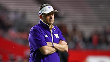 Sep 27, 2024; Piscataway, New Jersey, USA; Washington Huskies head coach Jedd Fisch looks on before the game against the Rutgers Scarlet Knights at SHI Stadium. Mandatory Credit: Vincent Carchietta-Imagn Images