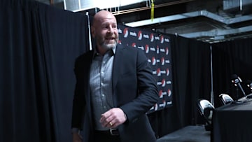 Apr 13, 2025; Portland, Oregon, USA;  Portland Trail Blazers general manager Joe Cronin departs the presser before the Trail Blazers play Los Angeles Lakers at Moda Center. Mandatory Credit: Jaime Valdez-Imagn Images