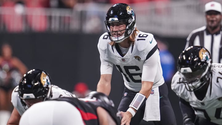 Aug 23, 2024; Atlanta, Georgia, USA; Jacksonville Jaguars quarterback Trevor Lawrence (16) waits for the ball against the Atlanta Falcons during the first half at Mercedes-Benz Stadium. Mandatory Credit: Dale Zanine-USA TODAY Sports