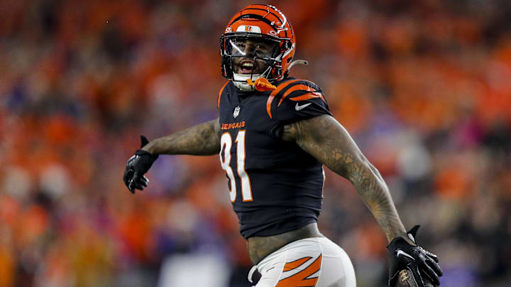 Nov 5, 2023; Cincinnati, Ohio, USA; Cincinnati Bengals tight end Irv Smith Jr. (81) reacts after scoring a touchdown against the Buffalo Bills in the first half at Paycor Stadium.