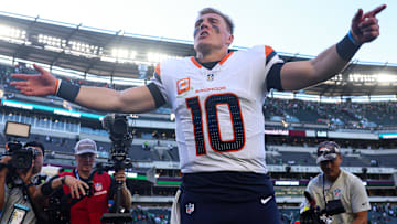 Oct 5, 2025; Philadelphia, Pennsylvania, USA; Denver Broncos quarterback Bo Nix (10) reacts as he walks off the field after a victory against the Philadelphia Eagles at Lincoln Financial Field. 
