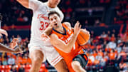 Illinois guard Mihailo Petrovic (77) drives by a UT Rio Grande Valley defender in the Illini's win over the Vaqueros last week at the State Farm Center in Champaign, Illinois.
