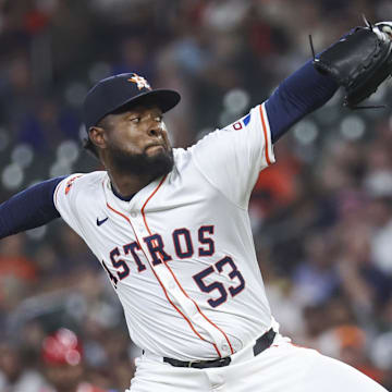 May 21, 2024; Houston, Texas, USA; Houston Astros starting pitcher Cristian Javier (53) delivers a pitch during the second inning against the Los Angeles Angels at Minute Maid Park. 