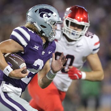 Kansas State Wildcats quarterback Avery Johnson (2) runs the ball during the third quarter of the game against Arizona at Bill Snyder Family Stadium on Friday, September 13, 2024.