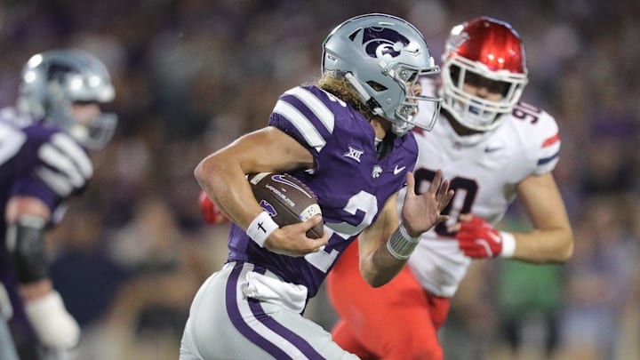 Kansas State Wildcats quarterback Avery Johnson (2) runs the ball during the third quarter of the game against Arizona at Bill Snyder Family Stadium on Friday, September 13, 2024.