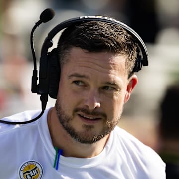 Nov 18, 2023; Tempe, Arizona, USA; Oregon Ducks head coach Dan Lanning against the Arizona State Sun Devils at Mountain America Stadium. Mandatory Credit: Mark J. Rebilas-Imagn Images