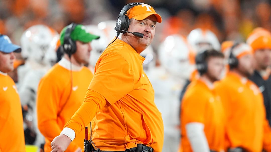 Tennessee coach Josh Heupel makes a face after Tennessee is called offsides during the 2025 Music City Bowl at Nissan Stadium in Nashville, Tenn., on Dec. 30, 2025.