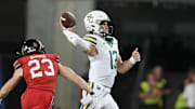 Nov 15, 2025; Waco, Texas, USA;  Baylor Bears quarterback Sawyer Robertson (13) passes the ball while being pressured by Utah Utes safety Jackson Bennee (23) during the first half at McLane Stadium. Mandatory Credit: Chris Jones-Imagn Images