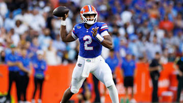 Aug 30, 2025; Gainesville, Florida, USA; Florida Gators quarterback DJ Lagway (2) looks to throw against the Long Island Sharks during the first half at Ben Hill Griffin Stadium. Mandatory Credit: Matt Pendleton-Imagn Images