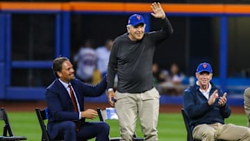 Aug 28, 2021; New York City, New York, USA;  New York Mets former players (left to right) Mike Piazza, Ed Kranepool, and Wayne Garrett at Citi Field. Mandatory Credit: Wendell Cruz-Imagn Images