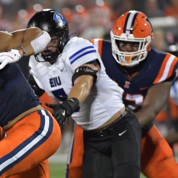 Aug 29, 2024; Champaign, Illinois, USA;  Illinois Fighting Illini running back Kaden Feagin (3) carries the ball against the Eastern Illinois Panthers during the first half at Memorial Stadium. Mandatory Credit: Ron Johnson-USA TODAY Sports