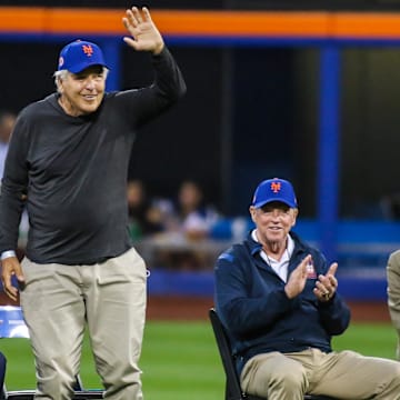 Aug 28, 2021; New York City, New York, USA;  New York Mets former players (left to right) Mike Piazza, Ed Kranepool, and Wayne Garrett at Citi Field. Mandatory Credit: Wendell Cruz-Imagn Images