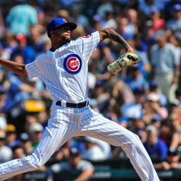Aug 3, 2018; Chicago, IL, USA; Chicago Cubs relief pitcher Carl Edwards Jr. (6) throws a pitch against the San Diego Padres during the seventh inning at Wrigley Field. Mandatory Credit: Jeffrey Becker-USA TODAY Sports