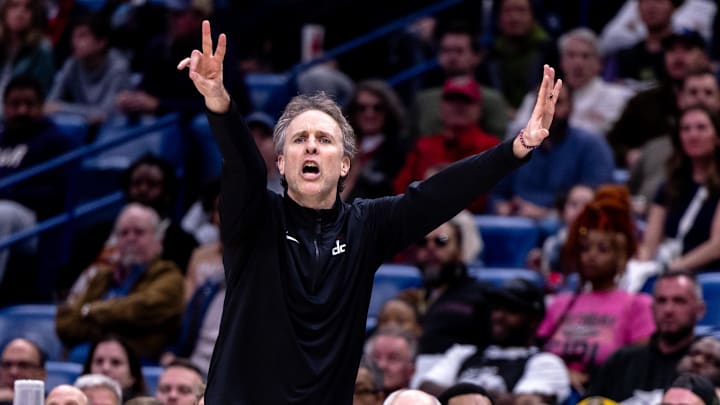 Jan 3, 2025; New Orleans, Louisiana, USA;  Washington Wizards head coach Brian Keefe reacts to a play against the New Orleans Pelicans during the second half at Smoothie King Center. Mandatory Credit: Stephen Lew-Imagn Images