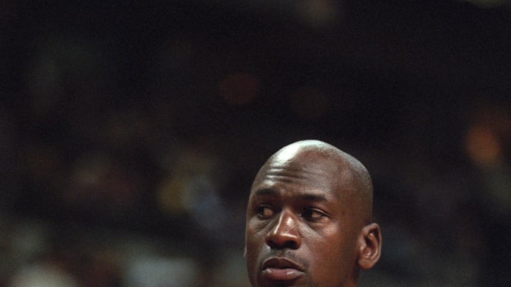 Feb 15, 1996;  Auburn Hills MI, USA; FILE PHOTO; Chicago Bulls guard Michael Jordan (23) prior to the game against the Detroit Pistons at the Palace at  Auburn Hills. The Bulls beat the Pistons 112-109 in overtime. Mandatory Credit: Matthew Emmons-USA TODAY Sports