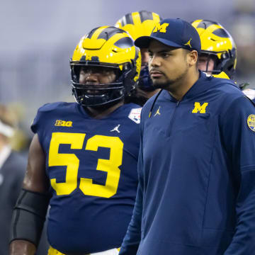 Dec 31, 2022; Glendale, Arizona, USA; Michigan Wolverines tight ends coach Grant Newsome against the TCU Horned Frogs during the 2022 Fiesta Bowl at State Farm Stadium. Mandatory Credit: Mark J. Rebilas-USA TODAY Sports