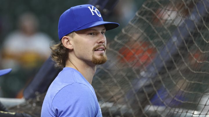 Aug 31, 2024; Houston, Texas, USA; Kansas City Royals shortstop Bobby Witt Jr. (7) looks on during batting practice before the game against the Houston Astros at Minute Maid Park. Mandatory Credit: Troy Taormina-USA TODAY Sports