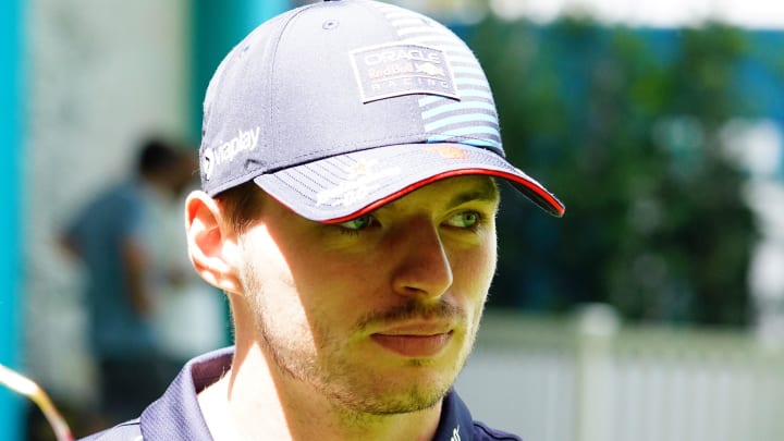 May 5, 2024; Miami Gardens, Florida, USA; Red Bull Racing driver Max Verstappen (1) arrives in the paddock before the Miami Grand Prix at Miami International Autodrome. Mandatory Credit: John David Mercer-USA TODAY Sports