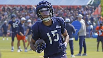 Chicago Bears wide receiver Rome Odunze (15) runs a drill during Chicago Bears Training Camp at Halas Hall.