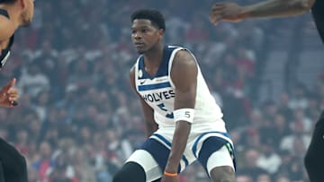 Oct 22, 2025; Portland, Oregon, USA;  Minnesota Timberwolves guard Anthony Edwards (5) brings the ball up the court against the Portland Trail Blazers in the first half at Moda Center. Mandatory Credit: Jaime Valdez-Imagn Images