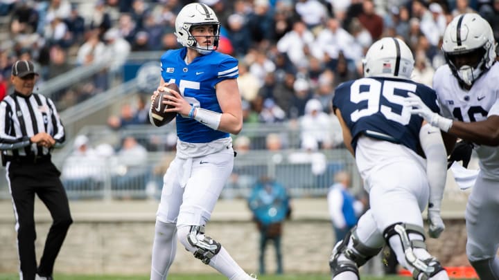 Penn State quarterback Drew Allar drops back to pass during the Blue-White Game at Beaver Stadium. 