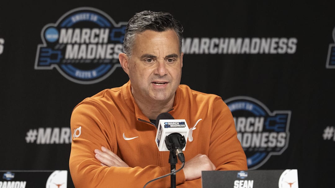 March 25, 2026; San Jose, CA, USA; Texas Longhorns head coach Sean Miller addresses the media in a press conference during a practice session ahead of the west regional of the men's 2026 NCAA Tournament at SAP Center. Mandatory Credit: Kyle Terada-Imagn Images
