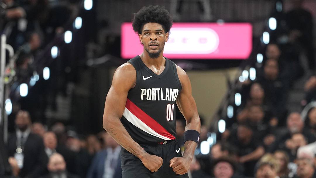 Apr 21, 2026; San Antonio, Texas, USA; Portland Trail Blazers guard Scoot Henderson (0) reacts after scoring a three point basket during the second half of game two of the first round of the 2026 NBA Playoffs against the San Antonio Spurs at Frost Bank Center. Mandatory Credit: Scott Wachter-Imagn Images