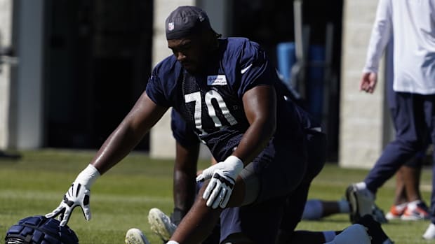 Chicago Bears offensive lineman Braxton Jones (70) during training camp at Halas Hall.