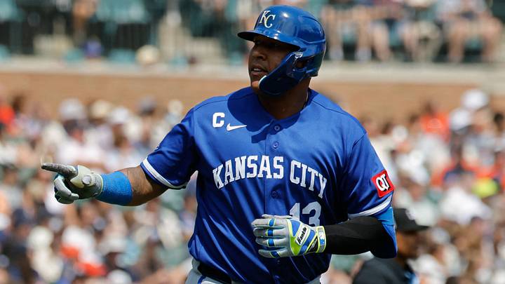 Jul 25, 2026; Detroit, Michigan, USA;  Kansas City Royals catcher Salvador Perez (13) celebrates after he hits a home run in the seventh inning against the Detroit Tigers at Comerica Park. Mandatory Credit: Rick Osentoski-Imagn Images