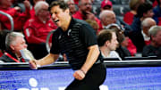 Wes Miller reacts to a play in the second half of a NCAA men’s basketball game between the Cincinnati Bearcats and Kansas State Wildcats, Wednesday, March 5, 2025, at Fifth Third Arena in Cincinnati. Wildcats won 54-49.