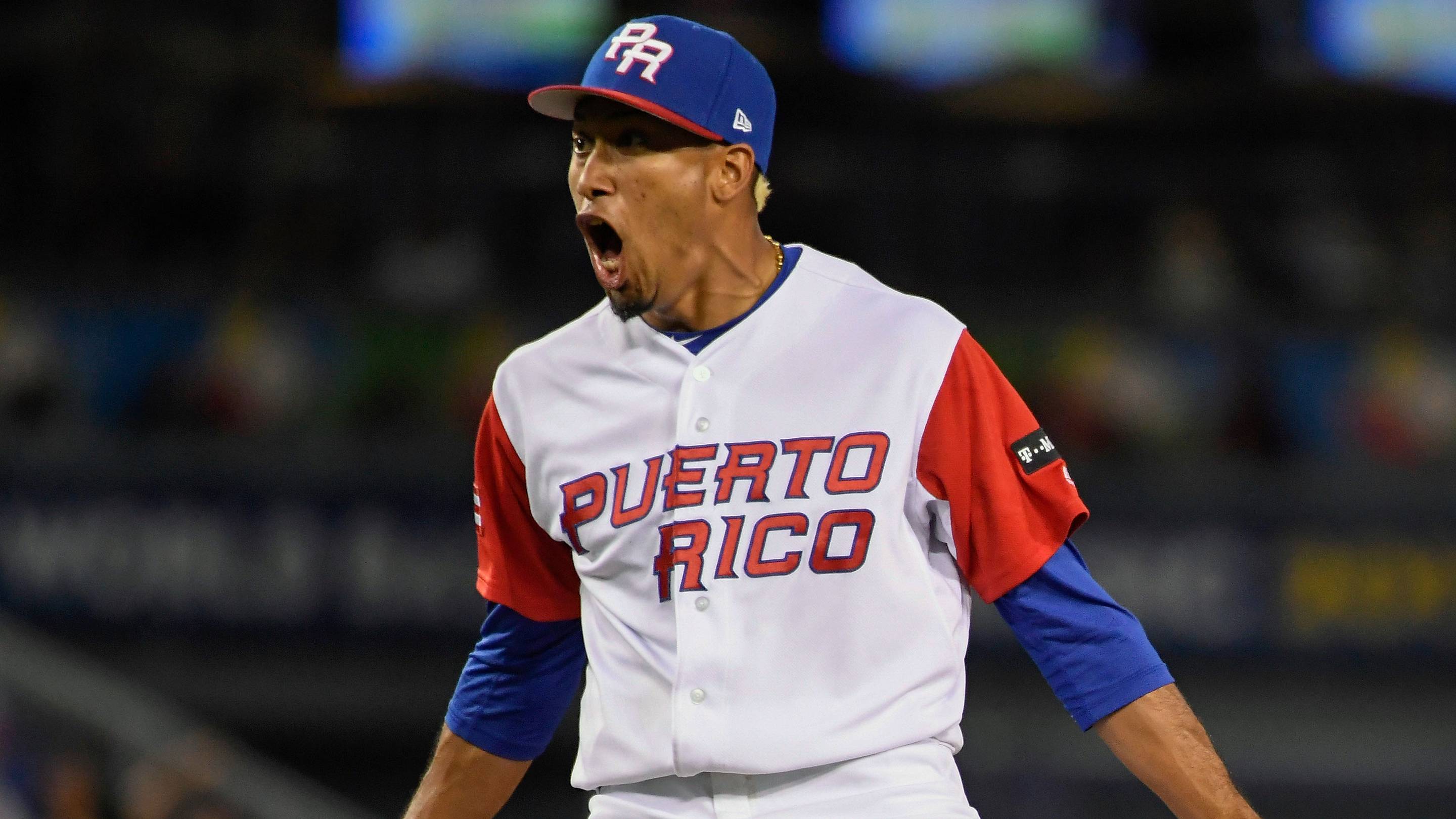 Edwin Diaz (39) celebrates striking out the side in the ninth inning against the Netherlands during the 2017 World Baseball Classic at Dodger Stadium on March 20, 2017.