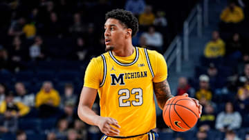 Michigan forward Yaxel Lendeborg (23) dribbles against Middle Tennessee during the first half at Crisler Center in Ann Arbor on Wednesday, November 19, 2025.