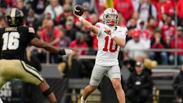 Ohio State Buckeyes quarterback Julian Sayin (10) throws during the NCAA football game against the Purdue Boilermakers at Ross-Ade Stadium in West Lafayette, Ind. on Nov. 8, 2025. Ohio State won 34-10.