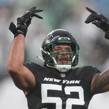 Nov 27, 2022; East Rutherford, New Jersey, USA; New York Jets defensive end Jermaine Johnson (52) gestures to fans during the second half against the Chicago Bears at MetLife Stadium. Mandatory Credit: Vincent Carchietta-USA TODAY Sports