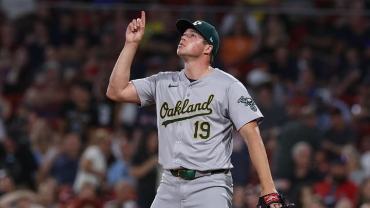 Jul 10, 2024; Boston, Massachusetts, USA; Oakland Athletics relief pitcher Mason Miller (19) reacts after defeating the Boston Red Sox at Fenway Park. Mandatory Credit: Paul Rutherford-USA TODAY Sports