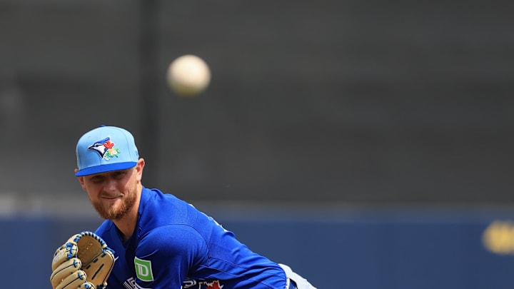 Feb 27, 2026; Port Charlotte, Florida, USA; Toronto Blue Jays starting pitcher Eric Lauer (56) throws a pitch during the first inning against the Tampa Bay Rays at Charlotte Sports Park. Mandatory Credit: Kim Klement Neitzel-Imagn Images