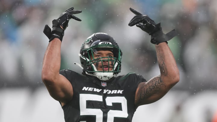 Nov 27, 2022; East Rutherford, New Jersey, USA; New York Jets defensive end Jermaine Johnson (52) gestures to fans during the second half against the Chicago Bears at MetLife Stadium. Mandatory Credit: Vincent Carchietta-USA TODAY Sports