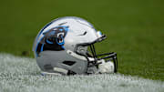 Nov 2, 2025; Green Bay, Wisconsin, USA; Carolina Panthers helmet before a game against the Green Bay Packers at Lambeau Field.