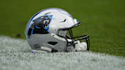 Nov 2, 2025; Green Bay, Wisconsin, USA; Carolina Panthers helmet before a game against the Green Bay Packers at Lambeau Field.