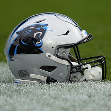 Nov 2, 2025; Green Bay, Wisconsin, USA; Carolina Panthers helmet before a game against the Green Bay Packers at Lambeau Field.