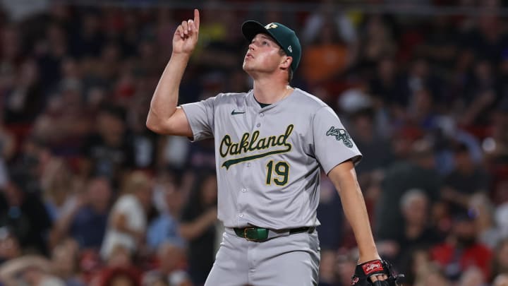 Jul 10, 2024; Boston, Massachusetts, USA; Oakland Athletics relief pitcher Mason Miller (19) reacts after defeating the Boston Red Sox at Fenway Park.