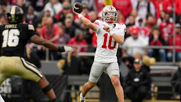 Ohio State Buckeyes quarterback Julian Sayin (10) throws during the NCAA football game against the Purdue Boilermakers at Ross-Ade Stadium in West Lafayette, Ind. on Nov. 8, 2025. Ohio State won 34-10.
