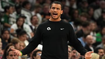 Mar 26, 2025; Phoenix, Arizona, USA; Boston Celtics head coach Joe Mazzulla reacts against the Phoenix Suns during the second half at Footprint Center. Mandatory Credit: Rick Scuteri-Imagn Images
