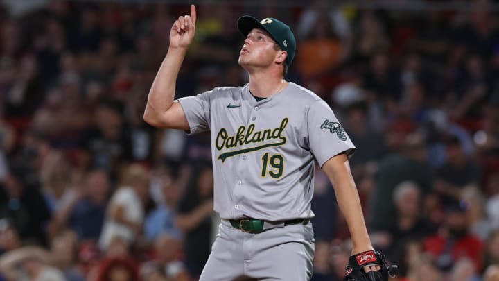 Jul 10, 2024; Boston, Massachusetts, USA; Oakland Athletics relief pitcher Mason Miller (19) reacts after defeating the Boston Red Sox at Fenway Park.