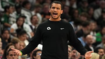 Mar 26, 2025; Phoenix, Arizona, USA; Boston Celtics head coach Joe Mazzulla reacts against the Phoenix Suns during the second half at Footprint Center. Mandatory Credit: Rick Scuteri-Imagn Images