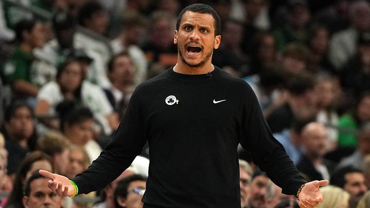 Mar 26, 2025; Phoenix, Arizona, USA; Boston Celtics head coach Joe Mazzulla reacts against the Phoenix Suns during the second half at Footprint Center. Mandatory Credit: Rick Scuteri-Imagn Images