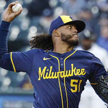 Apr 29, 2025; Chicago, Illinois, USA; Milwaukee Brewers starting pitcher Freddy Peralta (51) delivers a pitch against the Chicago White Sox during the first inning at Rate Field. 