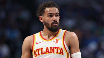 Trae Young #5 of the Atlanta Hawks looks on against the Dallas Mavericks.