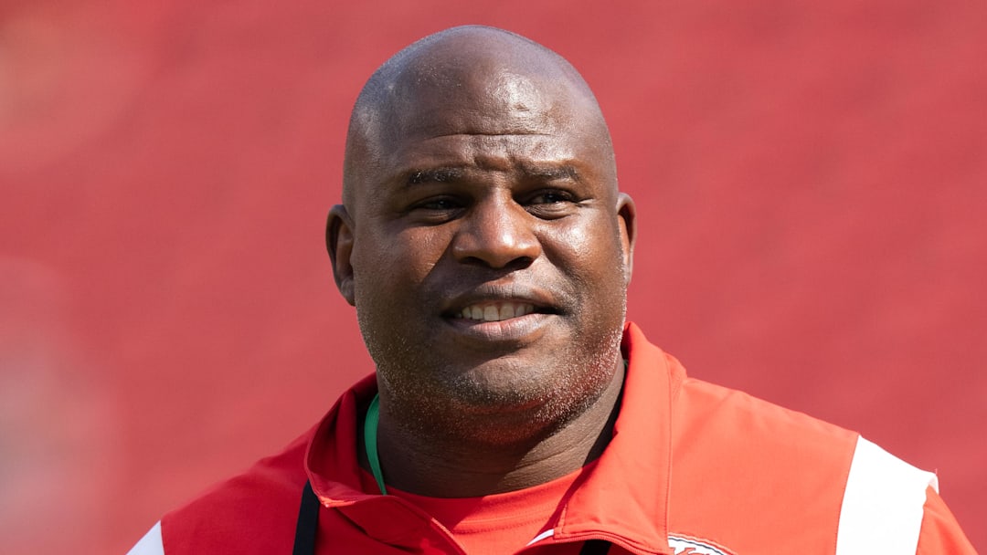 August 14, 2021; Santa Clara, California, USA; Kansas City Chiefs offensive coordinator Eric Bieniemy before the game against the San Francisco 49ers at Levi's Stadium. Mandatory Credit: Kyle Terada-Imagn Images